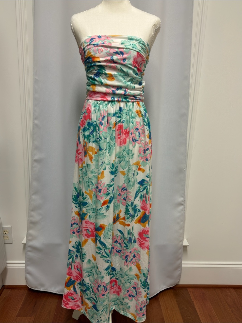 Grace Karin Strapless Floral Maxi Dress in Cream, Pink, Green - Picture 2 of 5